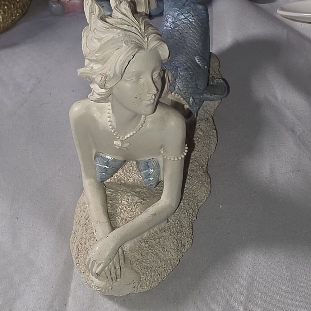 Mermaid Figurine Blue Tail Coastal Nautical Beach Ocean Decor Resin 7.5”